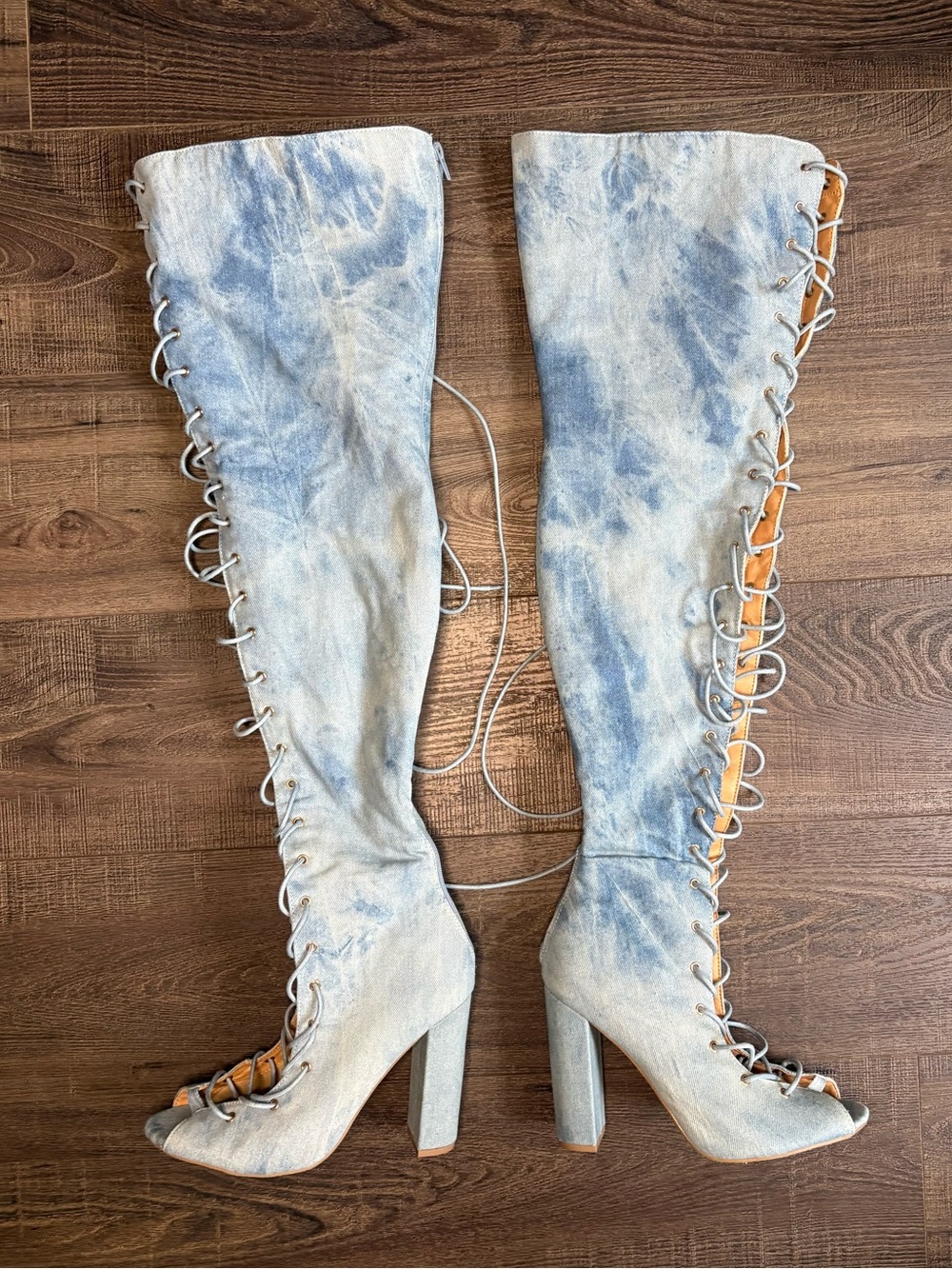 Fashion Nova Light Denim Lace-Up Over-the-Knee Block Heel Boots
